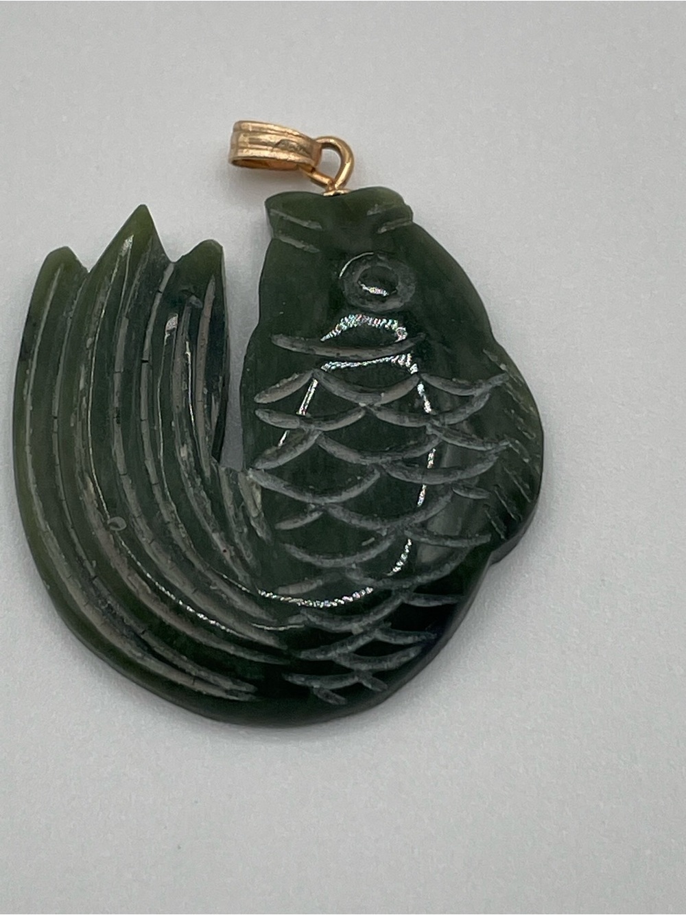 Vintage Green Nephrite Jade Carved Koi Fish Pendant